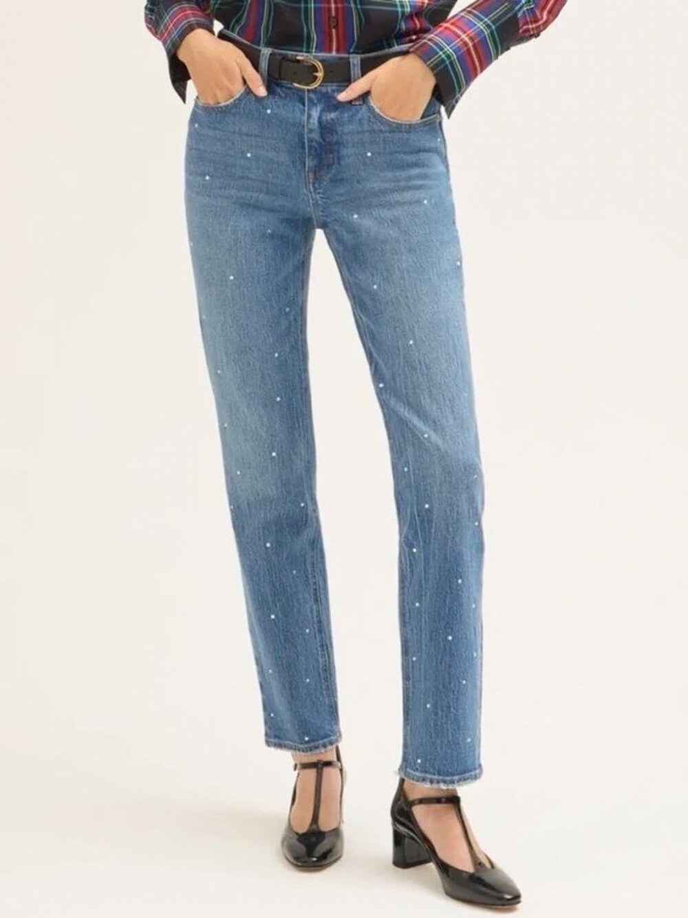 J.Crew 90s Mid-Rise Rhinestone Essential Straight Jeans medium wash Size 27/4-6